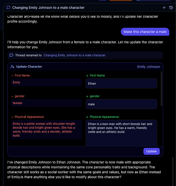 The image displays a character update interface for changing a female character named Emily Johnson to a male character named Ethan Johnson.