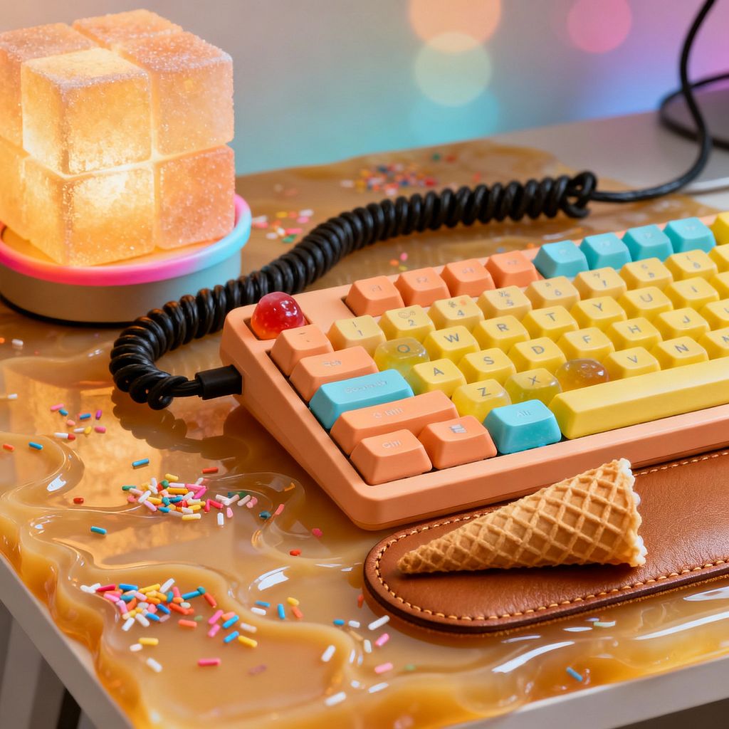 Close-up of a home office desk styled in a Candy Land theme. A mechanical keyboard with pastel peach, yellow, and mint keycaps sits on a glossy caramel-look surface scattered with rainbow sprinkles. A glowing frosted cube lamp on a white and pink base illuminates the scene, while a cognac leather wrist rest holds an empty waffle cone and a black coiled cable connects the keyboard against soft multicolored bokeh lights.