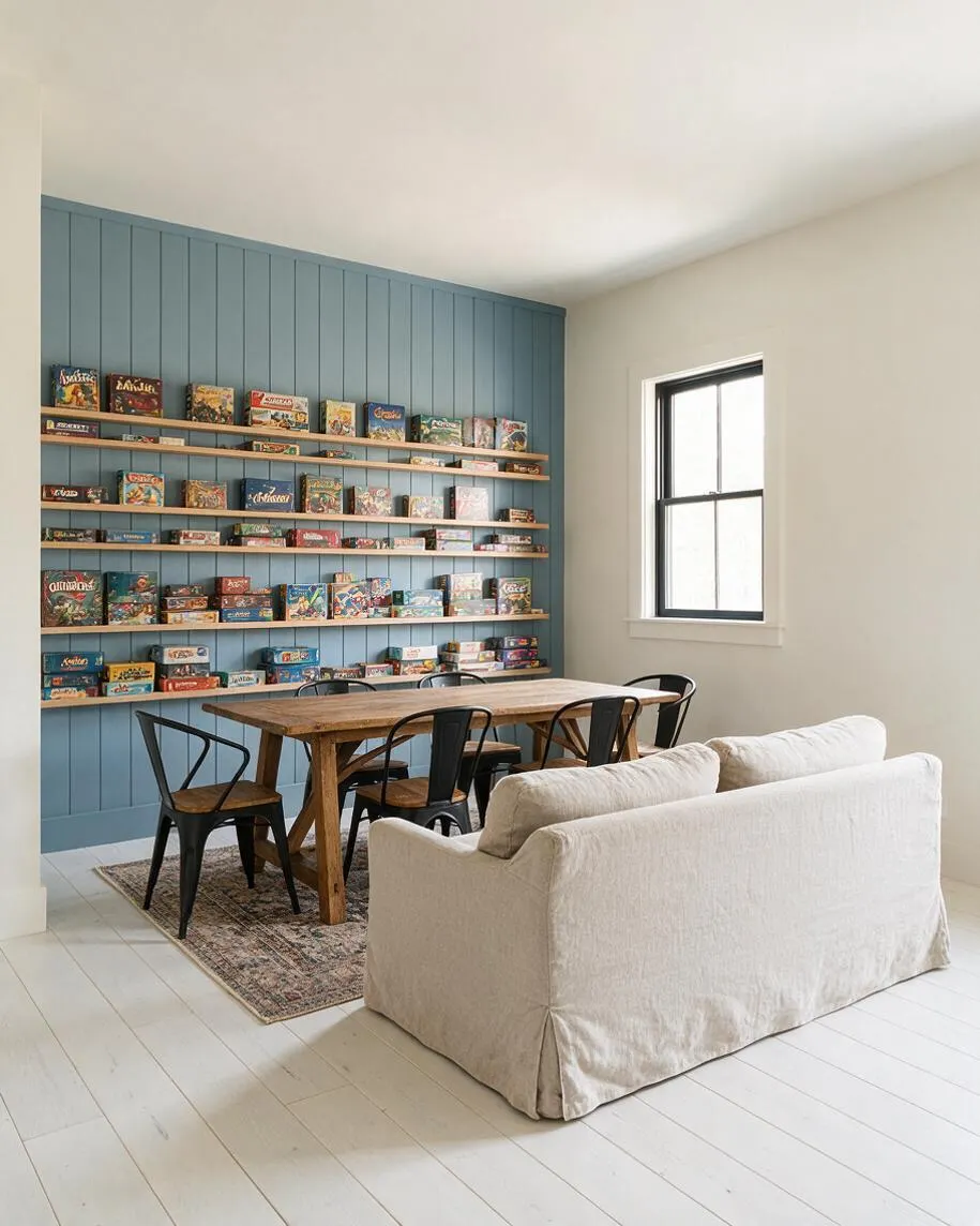 A bright farmhouse-style game room with white painted floors, an oatmeal slipcovered sofa, and a rustic wood game table with black metal chairs. A blue paneled accent wall with long floating shelves displays rows of board game boxes, and a black-trimmed window brings in natural light.