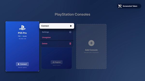 The image displays a user interface for managing PlayStation consoles, specifically showing a PS5 Pro connection screen.