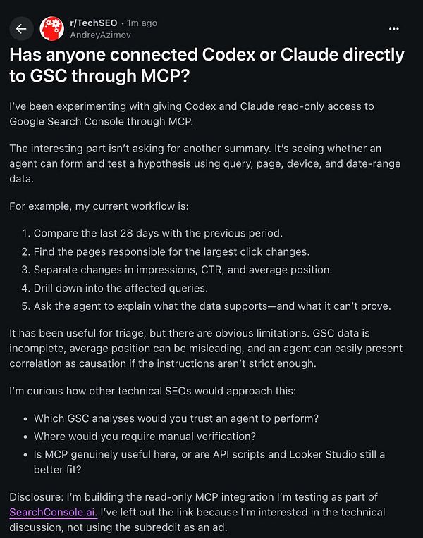 Screenshot of a Reddit post in r/TechSEO discussing connections with Codex or Claude for SEO purposes.