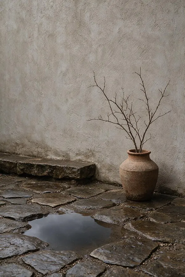 A serene outdoor courtyard with irregular dark stone paving, a shallow puddle reflecting the sky, and a weathered clay vase holding bare branches beside a textured pale plaster wall. The muted, natural scene feels quiet and imperfect, expressing Wabi-Sabi simplicity.