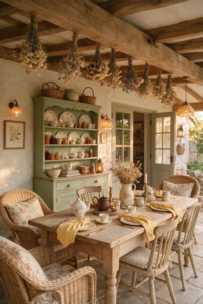 A cozy cottagecore patio with a weathered wooden dining table, wicker armchairs with floral cushions, and painted green shelving filled with dishes and jars. Dried flower bundles hang from exposed beams overhead, while soft lantern-style lights and muted cream walls create a warm, nostalgic outdoor dining space.