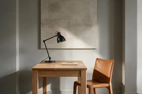A small transitional-style desk nook with a light wood table, a black adjustable desk lamp, and a caramel leather chair. A large neutral abstract artwork hangs above, and soft natural light creates gentle shadows on the muted gray walls.