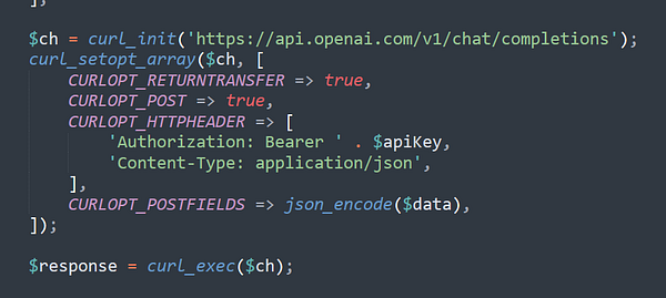 The image displays a snippet of PHP code for making a cURL request to an API.