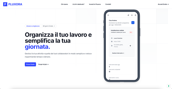 The image displays a modern landing page for a productivity tool called Fluxora, featuring a mobile interface and promotional text.