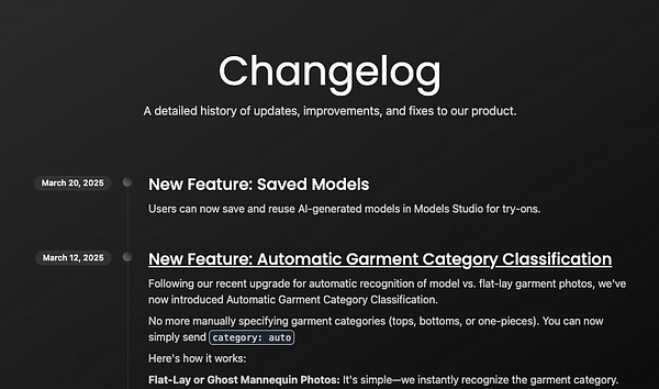 The image displays a changelog page detailing updates and new features for a product.