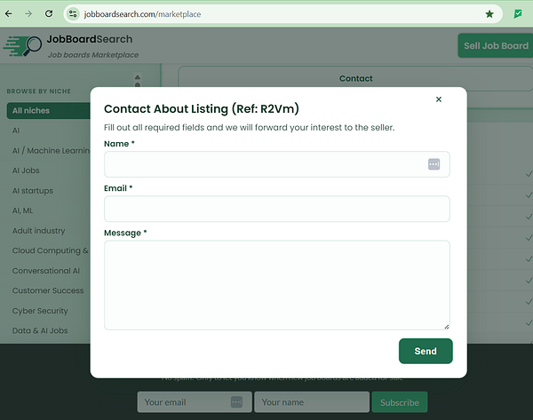 Screenshot of a webpage with a navigation bar, a contact form with fields for name, email, phone number, subject, and message, and social media icons in the footer.