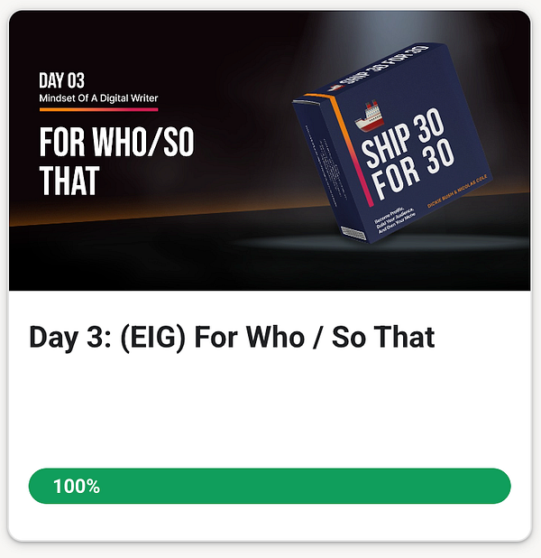 The image features a task completion screen for Day 3 of the Ship30for30 program.