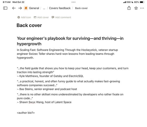 The image displays a digital document outlining the back cover copy for a book titled 'Scaling Fast'.