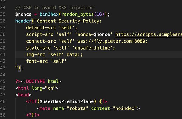The image displays a code snippet for implementing a Content Security Policy (CSP) in PHP to prevent XSS injection.