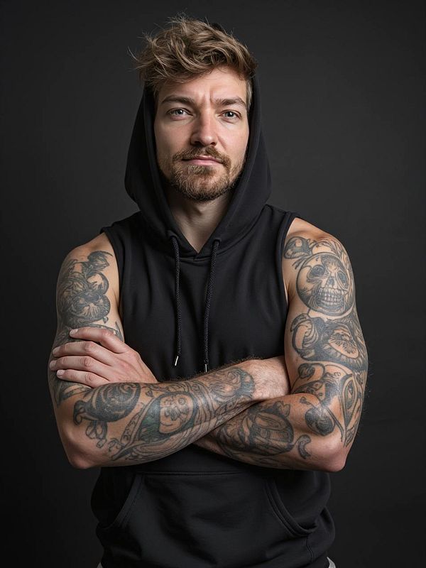 A man with extensive tattoos poses confidently in a black sleeveless hoodie against a dark background.
