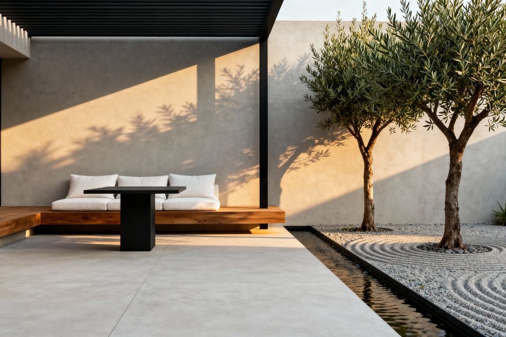 A minimalist patio with large light-gray concrete pavers, a built-in L-shaped wood bench topped with white cushions, and a black pedestal table under a slim black pergola. Alongside the seating runs a narrow reflecting water rill. Beyond, two small trees rise from a raked gravel garden forming concentric rings, set against a smooth gray concrete wall. Warm low sunlight casts long shadows of the trees and pergola, creating a calm, meditative outdoor living space.