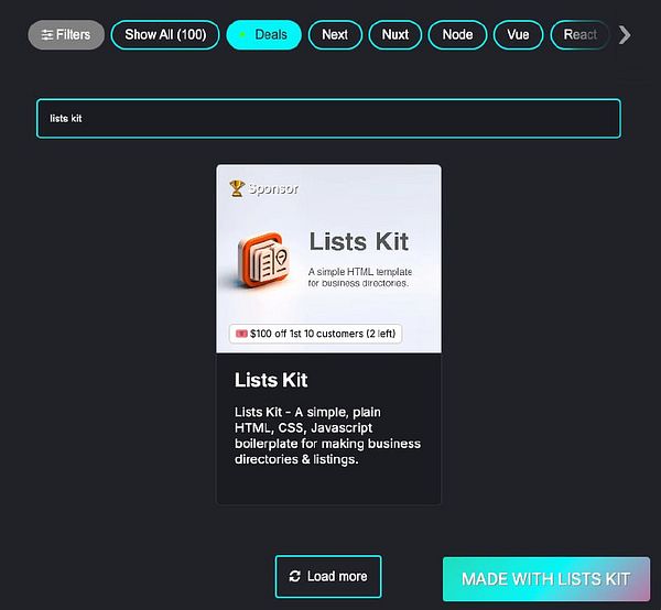 The image displays a promotional section for the Lists Kit template within a deals directory interface.