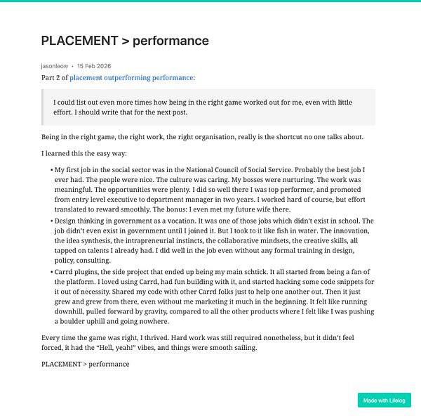 A circular diagram illustrating the concept that placement is greater than performance, with associated text explaining the relationship.