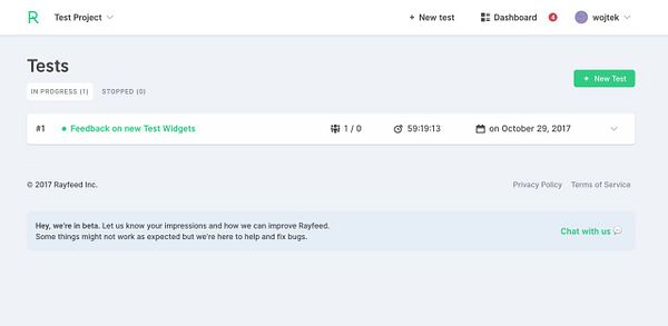 The image shows a dashboard interface for managing tests, part of a project named 'Test Project'.