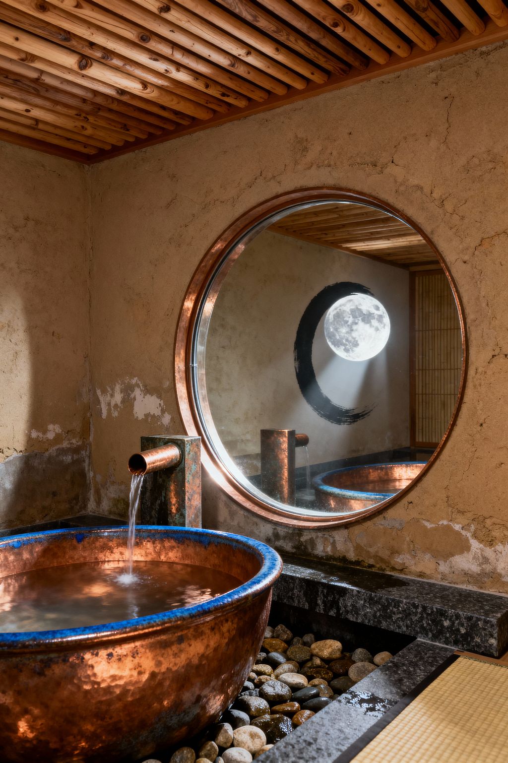 A Japanese-style bathroom features a hammered copper basin fed by a copper spout, set into a dark stone surround above smooth river pebbles. Earthen plaster walls with natural patina and a cedar slat ceiling frame a large round mirror with a copper rim that reflects a circular moon window and a black enso brushstroke, casting cool light over warm metal, stone, and wood textures.