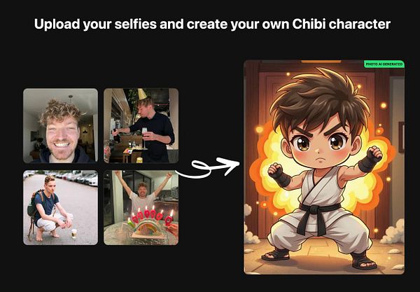 The image features a collage of selfies and a Chibi character illustration.