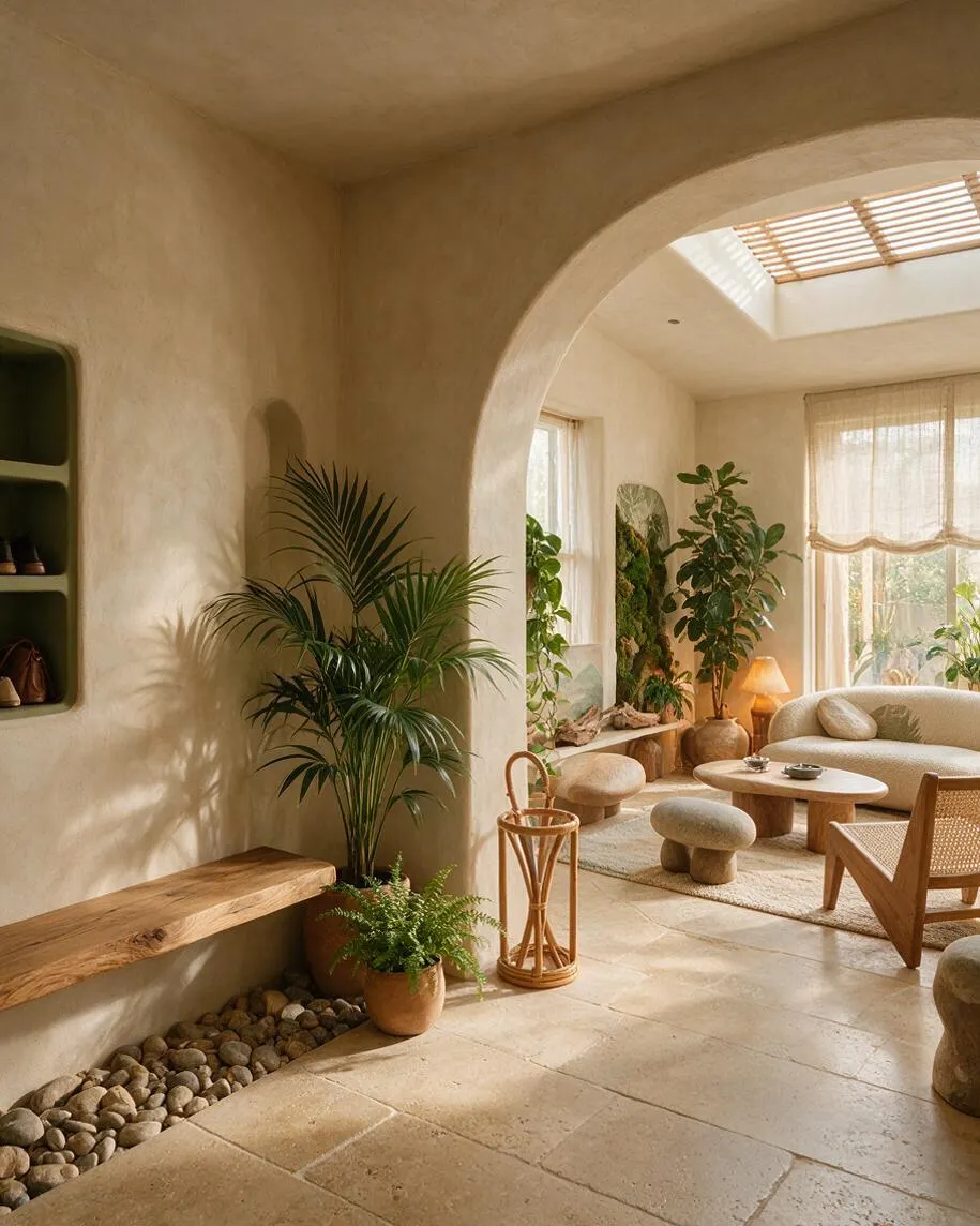 A warm entryway with smooth arched walls, a skylight, and large windows filtered by sheer curtains. Natural plants, a wooden bench, stone flooring, pebbled accents, and soft neutral furniture create a calm biophilic atmosphere.