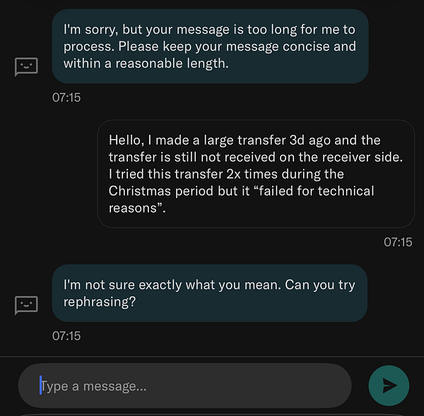 Screenshot of a chatbot conversation with a bank's automated system struggling to understand the user's request to speak to a human representative.