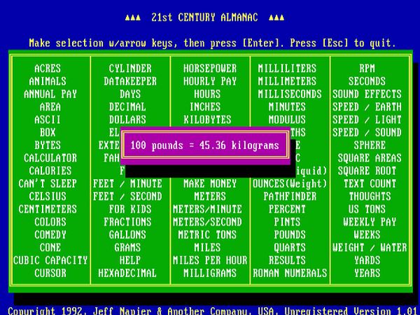 The image displays a retro computer interface for the '21st Century Almanac' program.