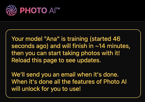 The image displays a user interface for a photo AI application indicating the training status of a model named 'Ana'.