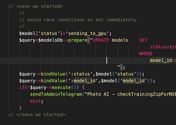 The image displays a code snippet from a PHP script related to updating model statuses in a database.
