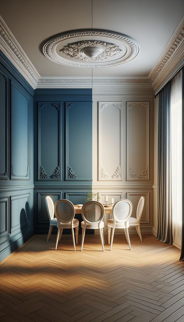 A cozy dining room with chair rail installed on the walls, dividing the wall into two contrasting colors. The lower half is a deep, rich blue, while the upper half is a soft, neutral cream. The chair rail itself is a simple, elegant white design that seamlessly blends with the intricate crown molding at the ceiling.