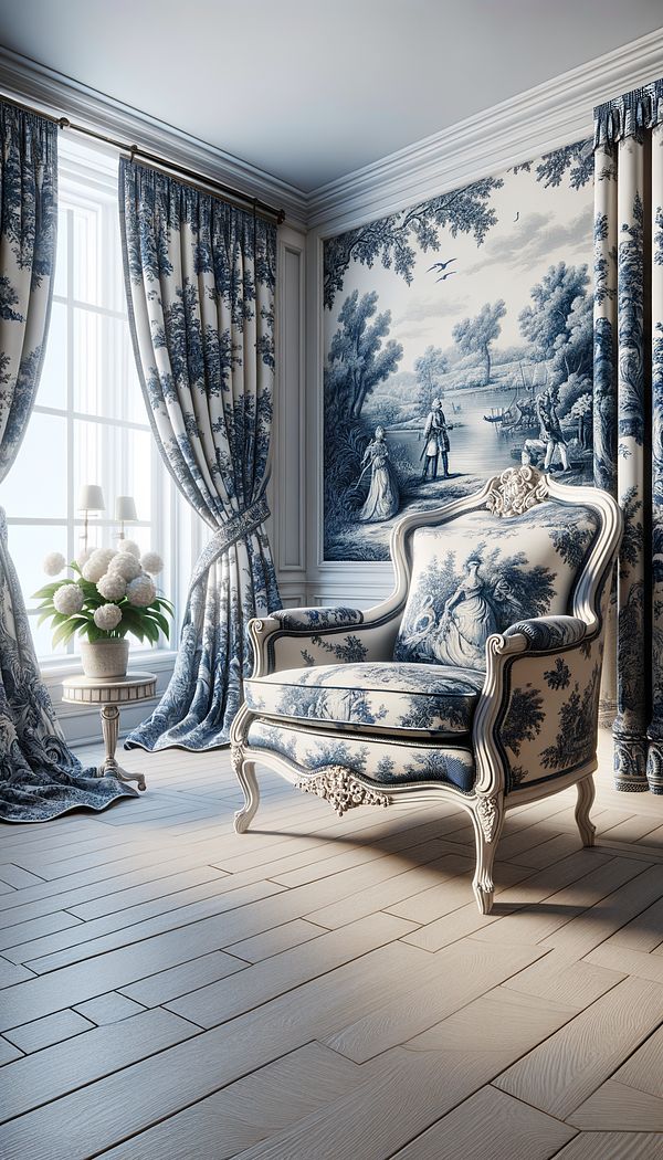 An elegant living room featuring toile-printed curtains and a matching upholstery on a classic armchair, with a pastoral scene in blue and white.