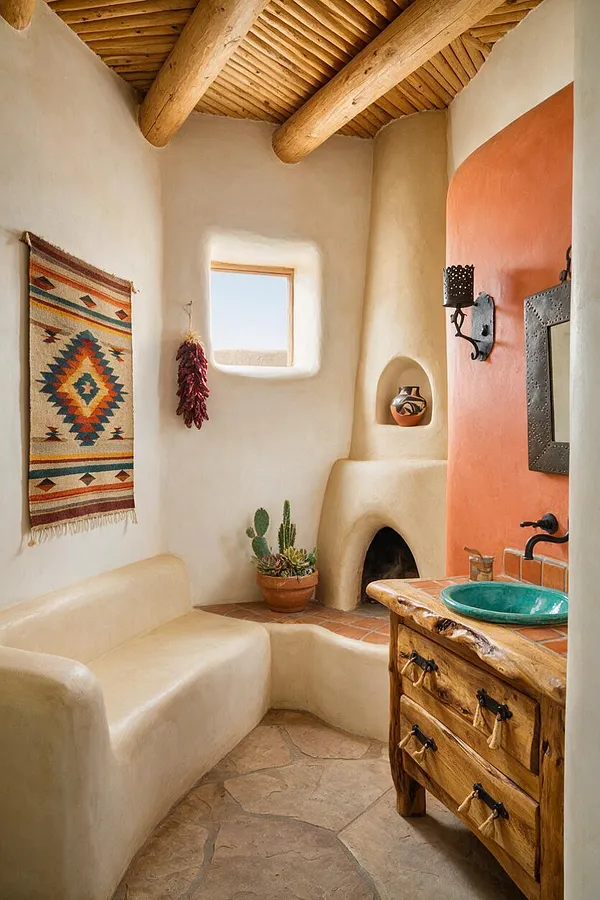 A Southwestern-style powder room with smooth adobe walls, a curved built-in bench, and a wood-plank ceiling with exposed log beams. The space includes a rustic wood vanity with a turquoise vessel sink, terracotta tile accents, a small arched niche, and a woven geometric wall hanging for color and texture.