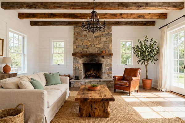 A farmhouse living room with a central fieldstone fireplace and thick wood mantel, surrounded by white shiplap walls and exposed ceiling beams. A beige linen slipcovered sofa with green pillows faces a chunky reclaimed-wood coffee table on a jute rug. To the right sits a caramel leather armchair and a terracotta potted olive tree. A black iron chandelier hangs overhead, with sunlight streaming through white-framed windows and French doors.