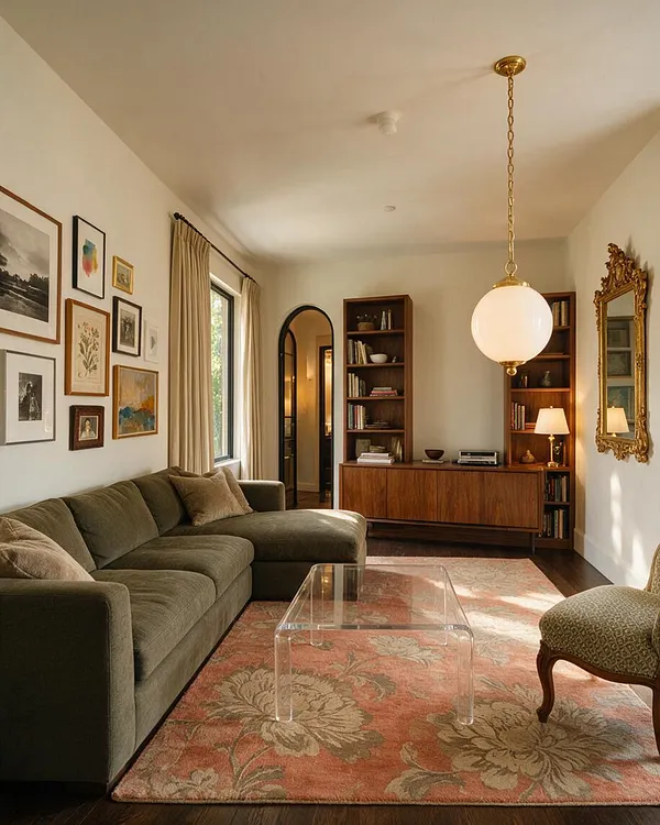 A cozy eclectic media room with an olive green sectional, a floral area rug, and a clear acrylic coffee table centered on dark wood floors. The walls display a gallery of framed art, while built-in walnut shelving, a brass-and-glass pendant light, and an ornate gold mirror add a layered vintage feel.
