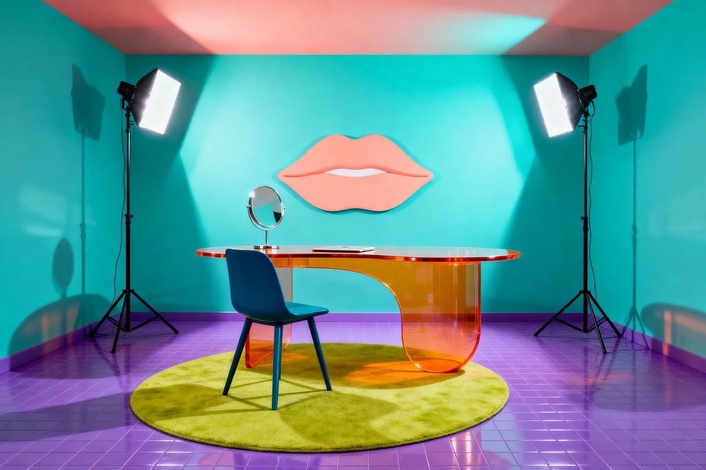 A pop art home office features turquoise walls and a coral pink ceiling with a large peach-colored lips wall sculpture centered behind a translucent orange acrylic desk. The desk sits on a circular lime-green rug over glossy purple tiles and is paired with a teal chair and a chrome round tabletop mirror; two studio softbox lights on black tripods flank the setup, creating even light that highlights bold shapes and saturated colors.