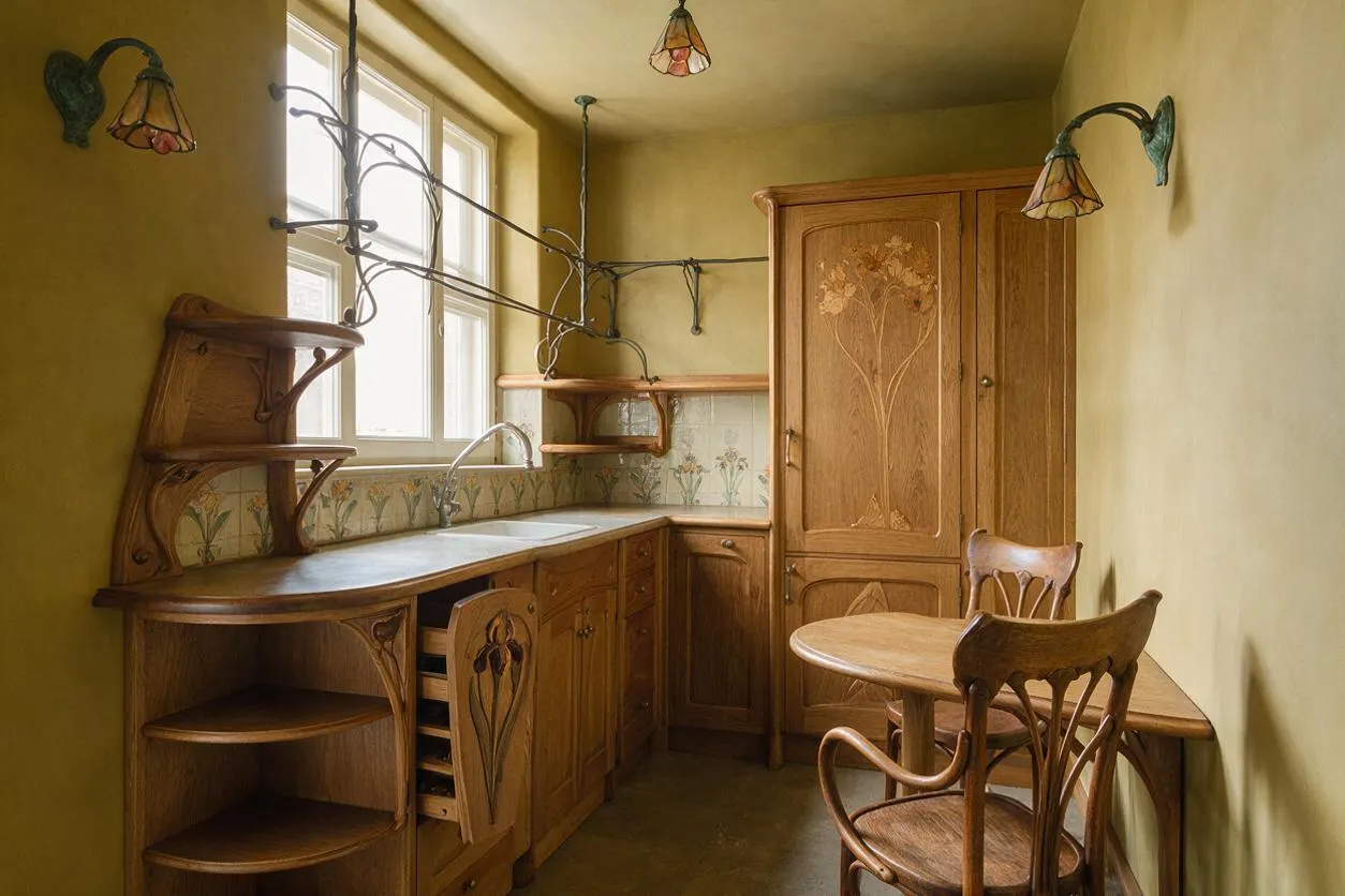 A compact Art Nouveau kitchen with custom carved wood cabinetry, a rounded work surface, and a tall pantry cabinet decorated with floral motifs. Decorative metal light fixtures, floral tile backsplash, and a small wooden table with curved chairs create a warm, handcrafted atmosphere.
