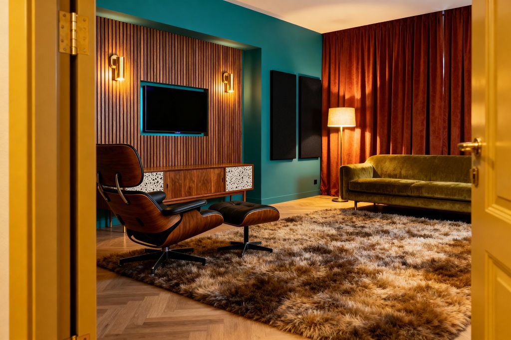 View through a mustard door into a mid-century modern media room with teal walls, a walnut slat TV wall, and brass sconces. A walnut-and-terrazzo credenza sits beneath the screen beside an Eames-style black leather lounge and ottoman; opposite are an olive green velvet sofa, rust velvet floor-to-ceiling drapes, black acoustic panels, a brass floor lamp with a drum shade, oak herringbone flooring, and a thick brown-and-cream shag rug.