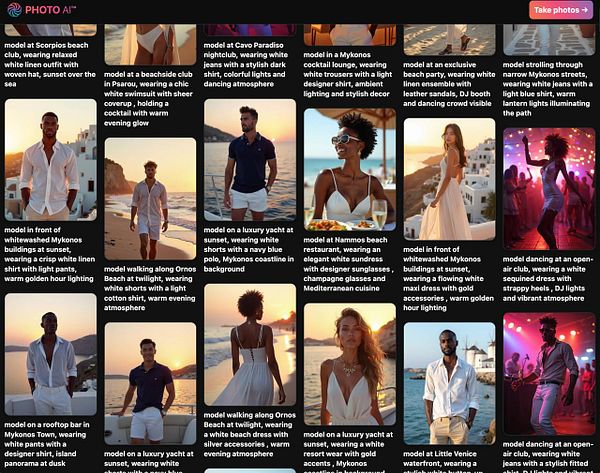 A collage of models in various stylish outfits set against picturesque backgrounds in Mykonos, Greece.