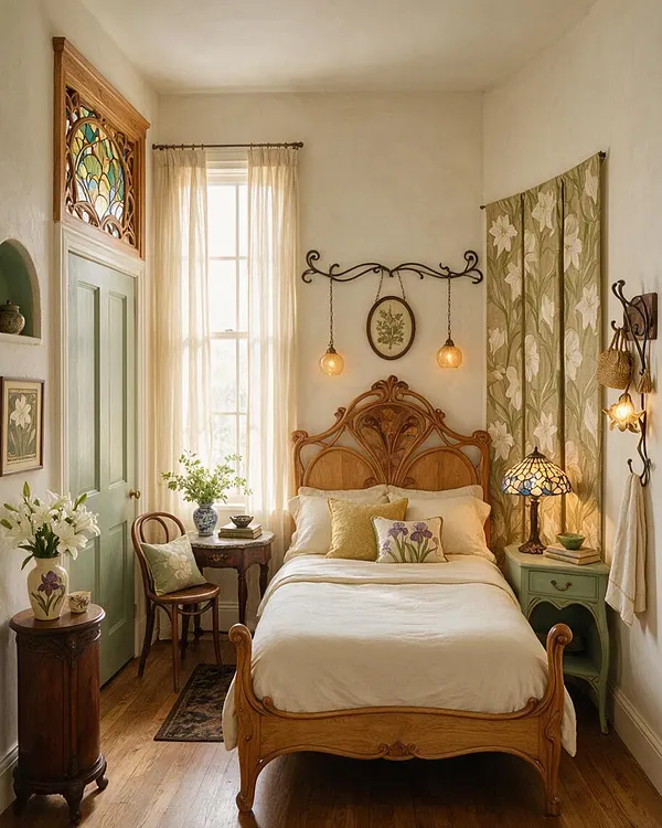 A cozy Art Nouveau bedroom with a carved wooden bed centered against the wall, soft white bedding, and floral cushions. Pale green accents, stained glass above the door, floral curtains, and warm pendant lights create a romantic, vintage atmosphere.
