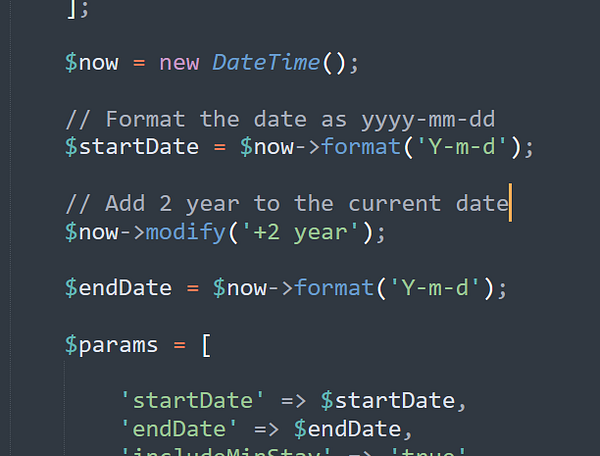Screenshot of a PHP code snippet showing a function to update tariff dates in a booking system.