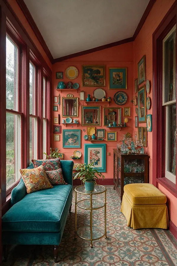 A narrow sunroom with coral-painted walls and deep red trim, filled with layered framed art and decorative plates in teal and gold tones. A teal velvet chaise with patterned pillows sits by tall windows, alongside a brass glass-top side table, a mustard yellow ottoman, patterned tile flooring, potted plants, and a wooden cabinet displaying glassware.