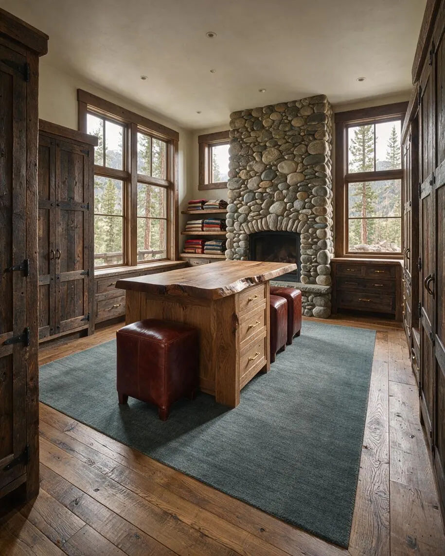 A rustic walk-in closet with heavy dark wood doors and cabinetry, a thick live-edge wooden island with leather stools, and a tall rounded stone fireplace centered on the back wall. Large windows bring in natural light and views of trees, while a muted blue rug softens the wood floor.