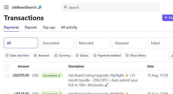 The image displays a transaction overview from the JobBoardSearch platform.