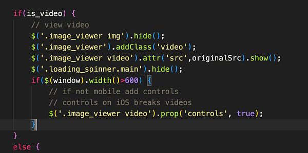 The image displays a snippet of JavaScript code related to video handling in a web application.