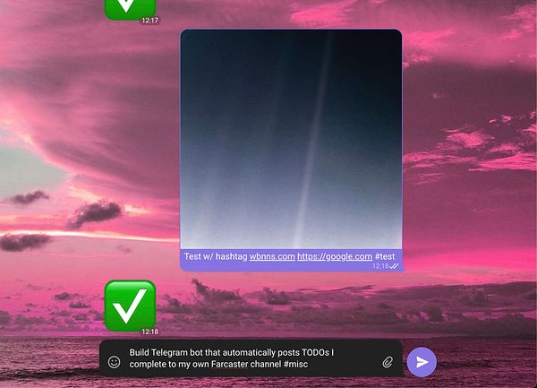 A screenshot of a messaging interface displaying a test message with a background of a colorful sunset.