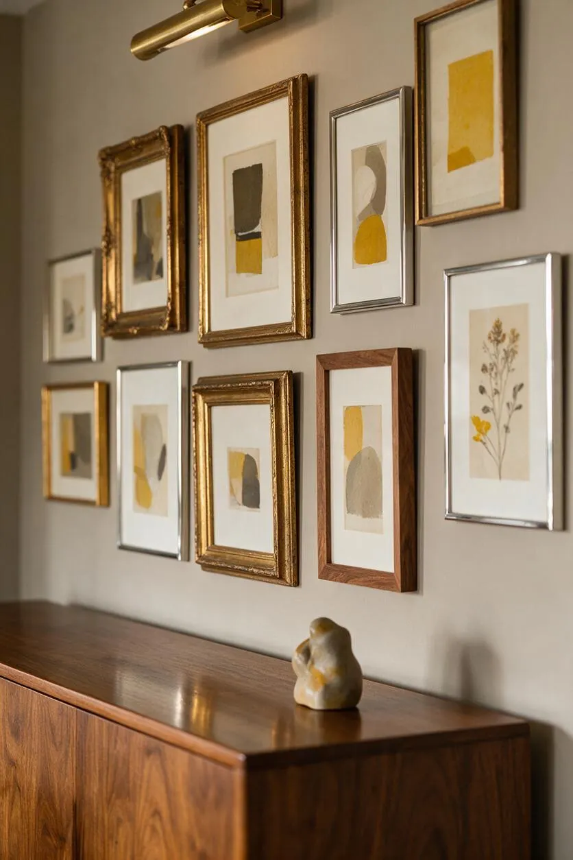 A warm hallway wall features a gallery arrangement of small abstract and botanical prints in mixed gold, silver, and wood frames. Below the artwork sits a mid-century style wooden cabinet with a polished top, and a small sculptural ceramic object adds a decorative accent.