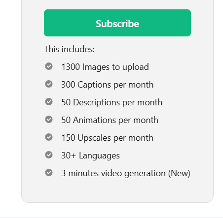 The image displays a subscription pricing table with various features included.