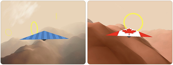 Two gliders are depicted flying over a mountainous landscape, each featuring distinct country flag designs.