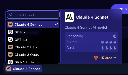 The image displays a user interface for selecting AI models with detailed information about the 'Claude 4 Sonnet' model.