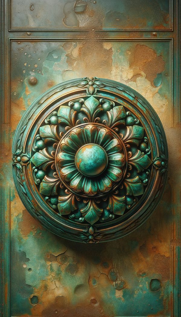 A close-up of a decorative object with a vibrant verdigris patina, showcasing the texture and color variations.