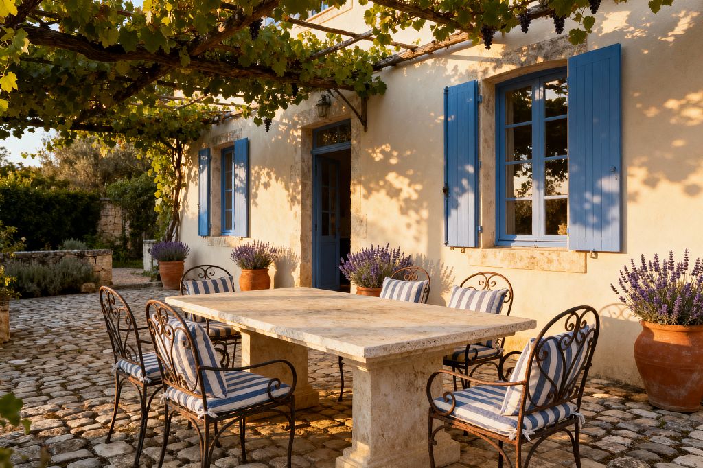 A sunlit French country patio features a rectangular limestone table surrounded by six wrought-iron armchairs with blue-and-white striped cushions on cobblestone paving beneath a grapevine pergola casting dappled shade. Cream stucco walls with cornflower-blue shutters and a matching door framed in stone are flanked by terracotta pots filled with lavender, with a rustic wall lantern above the entry completing the relaxed Provençal dining scene.