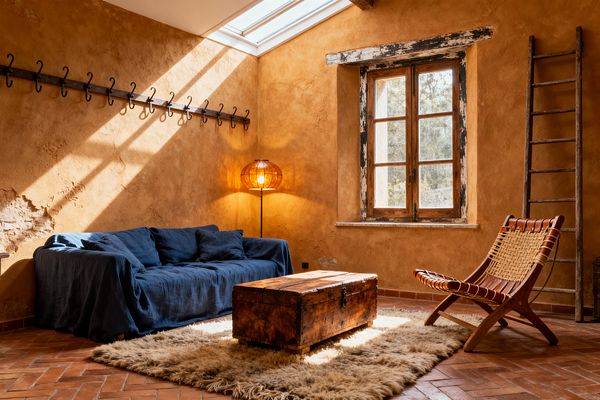 A rustic living room with textured ochre plaster walls and a herringbone terracotta tile floor, lit by a skylight and an amber globe floor lamp. A deep indigo linen sofa sits to the left of a reclaimed wood trunk coffee table on a thick beige shag rug, opposite a low woven leather-and-cord lounge chair; a weathered wood window, a long black iron hook rail, and a leaning wooden ladder complete the warm, sunlit scene.